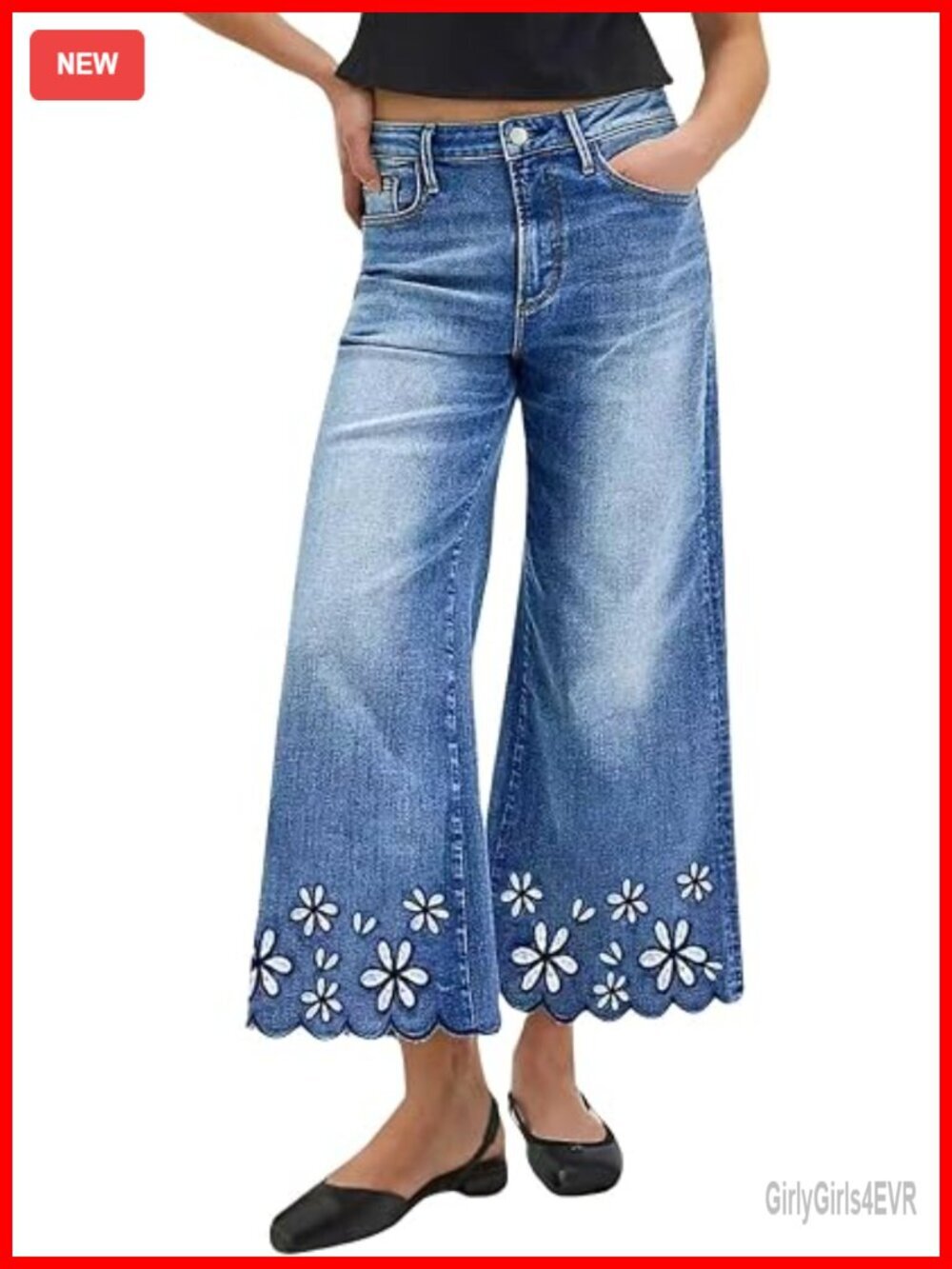 Boho Floral Embroidery Wide Leg Jeans High Waisted Cropped Denim Pants